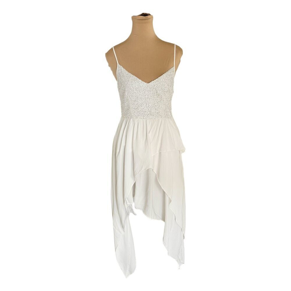 Keepsake the Label Handkerchief Hem White Sequins Dress Spaghetti Strap Sz S